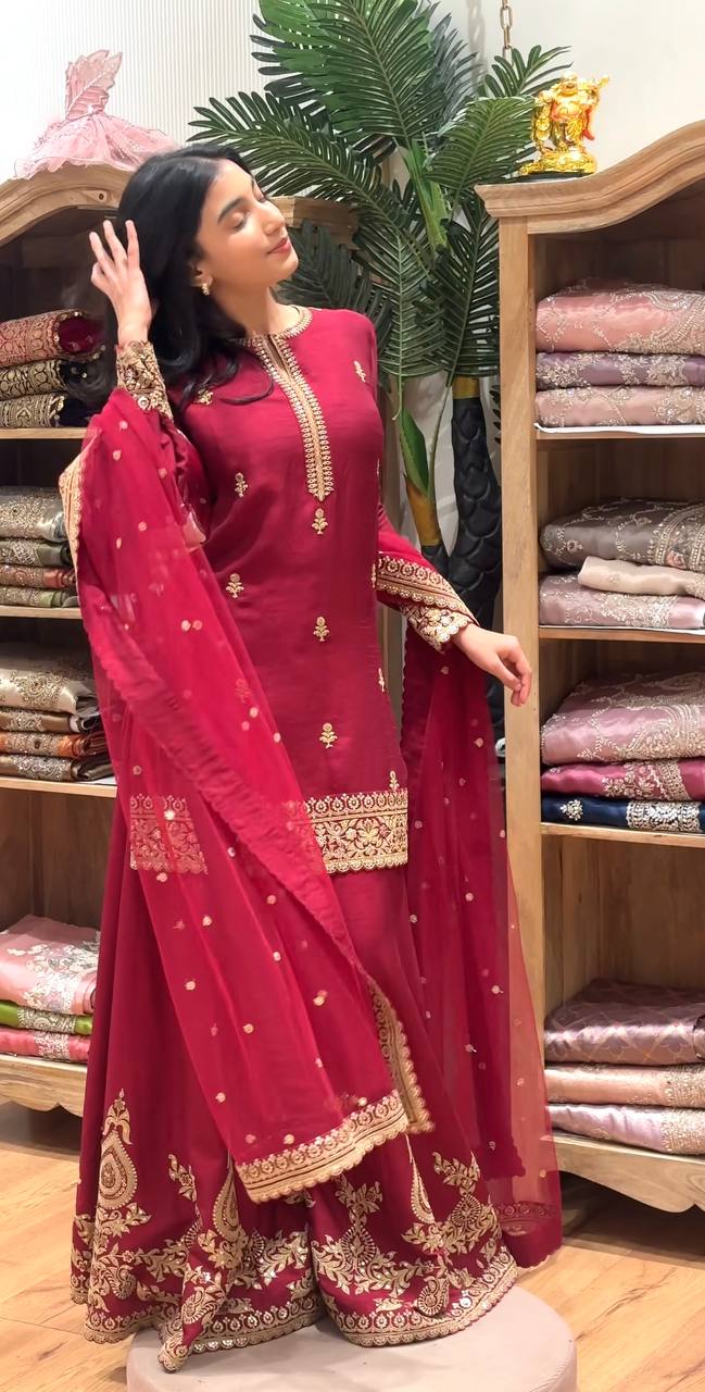 Garnet Opulence Embroidered Sharara